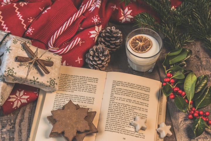 Photograph of a Christmas photo of a book with decorations around it