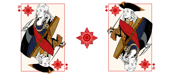 Drawing of Princess Dashkova depicted as a playing card wearing masculine and feminine clothes