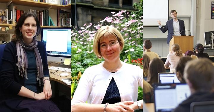 Three portraits: Dr Naomi Appleton in her office, Dr Anja Klein in New College garden and Dr Ulrich Schmiedel lecturing
