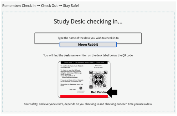 screenshot of the study space booking system Check In Step 1