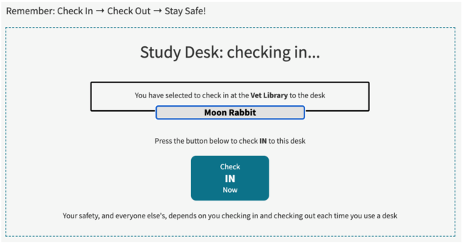screenshot of the study space booking system Check In Step 2