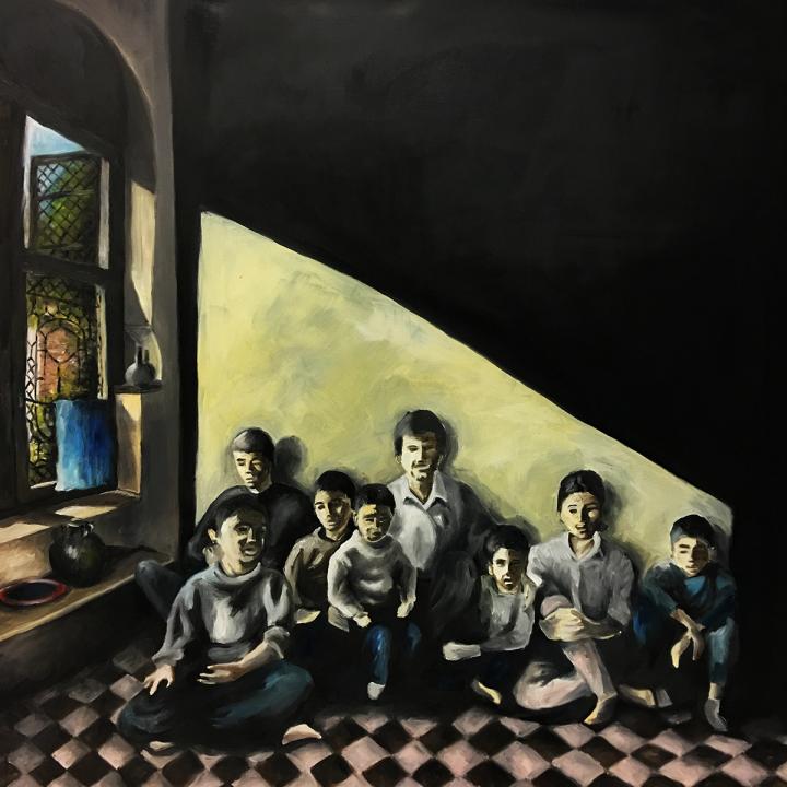 Painting of figures sitting on the floor in a room by Divinity 2019 Issachar Fund Art Prize winner Soniya Ahmed: image 4