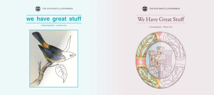 'We have great stuff' front covers featuring illustrations of a bird and castle being coloured in with pencils