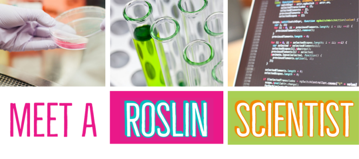 Meet a Roslin Scientist - images of a cell culture dish, test tube with green liquid, and screen with computer code