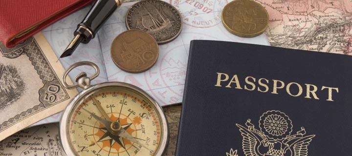 A passport, compass and money