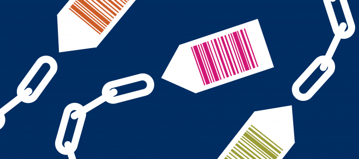Graphic: chains connected to price tags with barcodes