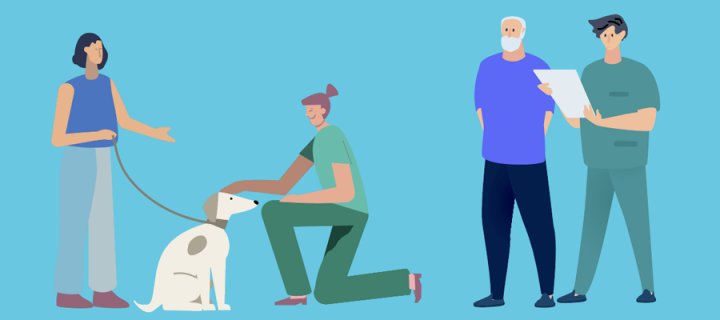 illustration of vets and a client with their pet