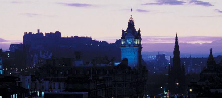 East End of Princes Street from Calton Hill showing Edinburgh Castle in the background. 