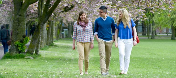 Three students walking in the Meadows