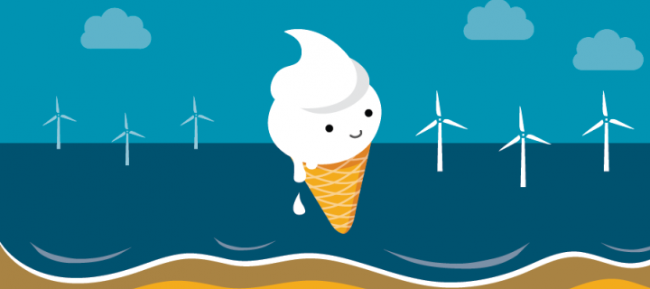 Icecream energy mascot, 'Scoopy', at the beach