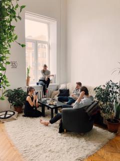 Family sitting together in living room