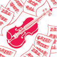Illustration of violin surrounded in sheets of music