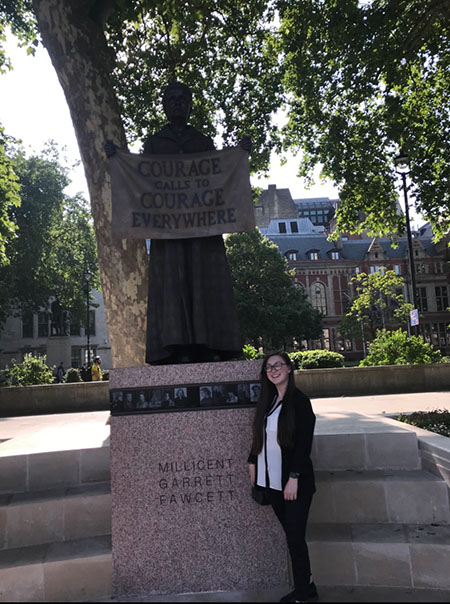 Coady poses with the Millicent Fawcett recently unveiled in London, summer of 2018