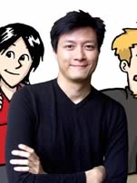 Jorge Cham with characters from the PHD comics