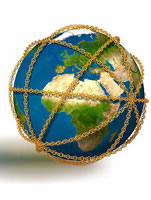 Illustration showing chains around world, representing global manufacturing links