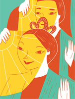 M 140307 Gather festival Woman covering her face with fan