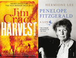 Book jacket images from Harvest by Jim Crace and Penelope Fitzgerald: A life by Hermione Lee