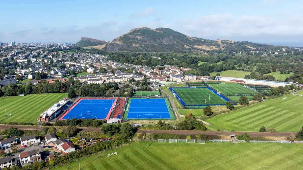 A aerial image of the University's sports playing fields at Peffermill.