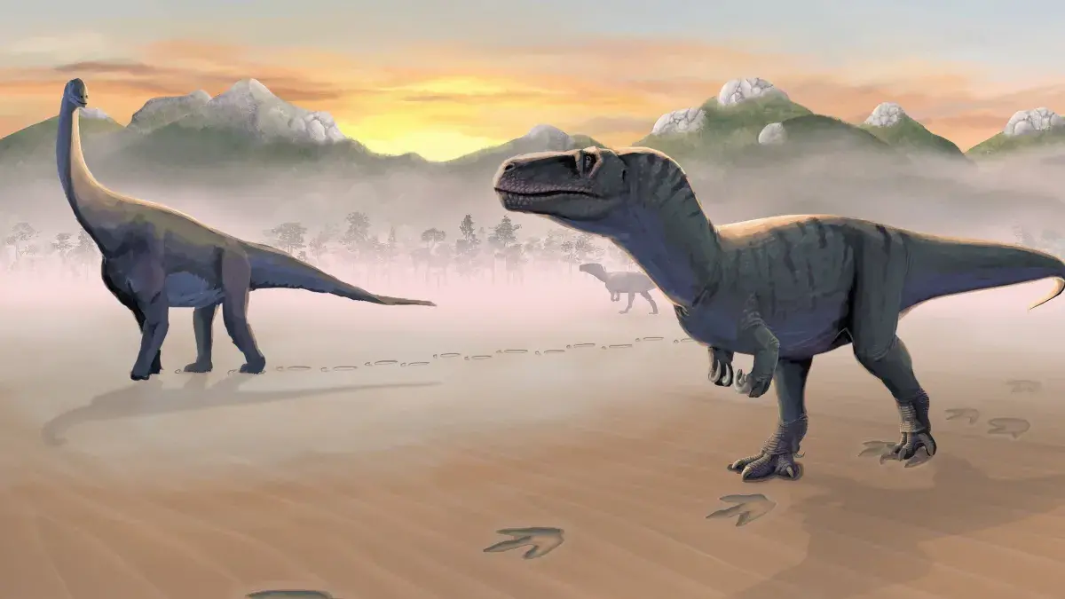 Meat-eating megalosaurs and plant-eating  sauropods mingle at site reconstruction. 'A Hidden Place'. Credit- Tone Blakesley and Scott Reid