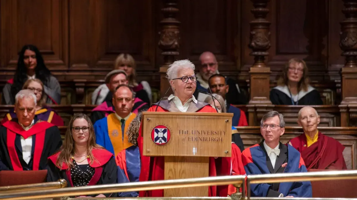 Val McDermid gives her commencement speech after receiving her honorary degree at McEwan Hall.