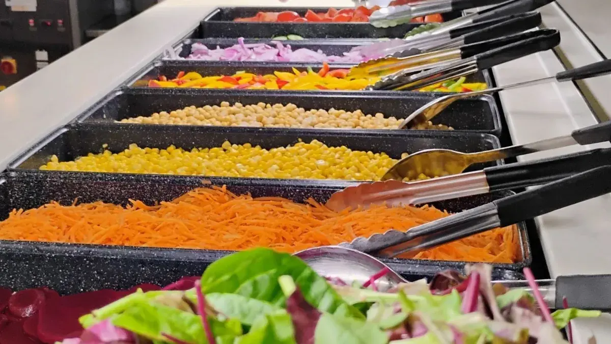 A salad and vegetarian buffet reflective of healthy menus for students. 