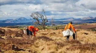 Two workmen plant saplings at the University's land at Drumbrae, Stirlingshire