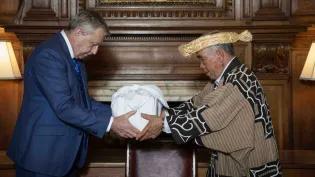 Professor Sir Peter Mathieson and Mr Okawa Masaru, Executive Director, Ainu Association of Hokkaido during the formal repatriation ceremony