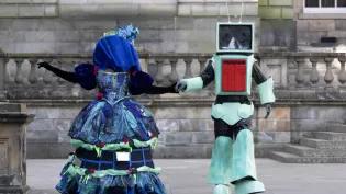 Two students pose in costumes created for the 2025 Performance Costume Show. (L-R) The Winchester Ghoul and Ad-bot