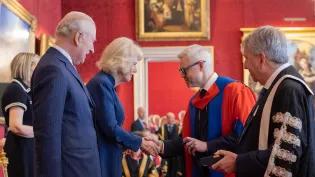 (L-R) Their Majesties The King and Queen present Professor Luke Bisby and Principal and Vice-Chancellor Professor Sir Peter Mathieson with the Queen Elizabeth Prize for Education award during a ceremony at at St James’s Palace on Tuesday 24 February.