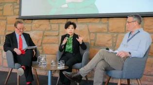 Dr Deng Yaping in conversation with Professor Grant Jarvie and Dr Mark Munro