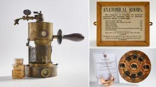 (Left) Carbolic Spray; (Right upper) student anatomical price list; (Right lower) gifts from the Muscogee Creek Nation given to the University following the repatriation of ancestral remains