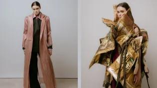 Two models post wearing designs by Olivia Rixon and Susu Wang.