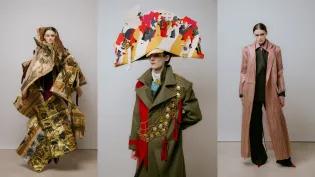 Three models wearing designs by this year's ECA Fashion Graduates ahead of the graduate show, from left to right, a contemporary kimono, a military-inspired hat and coat, and a women's tailored suit and jacket.