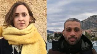 A composite image featuring translator Katharine Halls and author Shady Lewis
