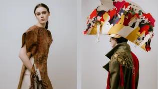 Two models post wearing designs by Jennifer Jiang and Jon Jo Ruding. 