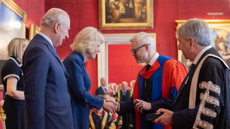 (L-R) Their Majesties The King and Queen present Professor Luke Bisby and Principal and Vice-Chancellor Professor Sir Peter Mathieson with the Queen Elizabeth Prize for Education award during a ceremony at at St James’s Palace on Tuesday 24 February.