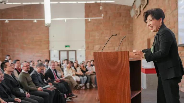 Dr Deng Yaping addresses the audience from a lectern in the University's South Hall