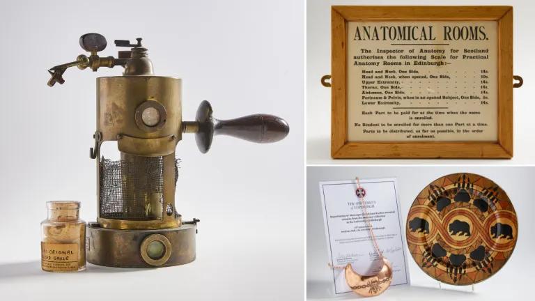 (Left) Carbolic Spray; (Right upper) student anatomical price list; (Right lower) gifts from the Muscogee Creek Nation given to the University following the repatriation of ancestral remains