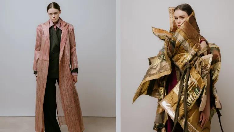 Two models post wearing designs by Olivia Rixon and Susu Wang.