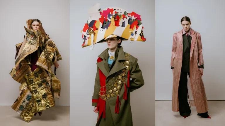 Three models wearing designs by this year's ECA Fashion Graduates ahead of the graduate show, from left to right, a contemporary kimono, a military-inspired hat and coat, and a women's tailored suit and jacket.