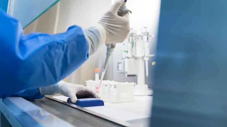 Researcher wearing blue lab coat and gloves uses a pipette to transfer liquid in the lab