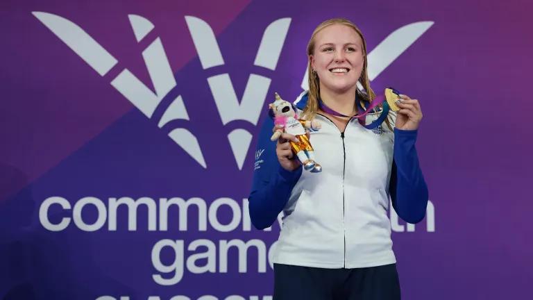 Para swimmer Faye Rogers receives her Gold medal for the Women’s 200m Individual Medley SM10