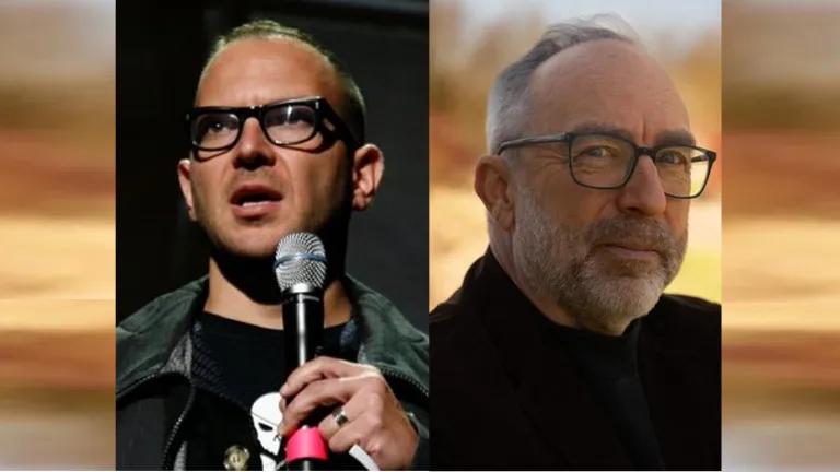 A composite image of Jimmy Wales and Cory Doctorow who will appear together at the Edinburgh International Book Festival 2026