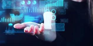 Images of hands with image of data