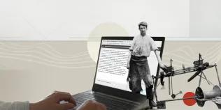 Graphic of lap top and a black and white image from an archive recording Gaelic history