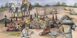 An artists impression of a burial showing a group of clothed bodies