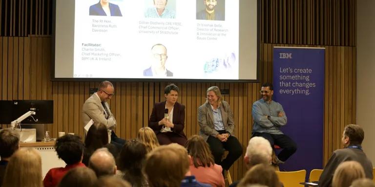 Debate event with audience, with IBM's Charlie Smith as facilitator, and panelists Baroness Ruth Davidson, Gill Docherty and Vaishak Belle