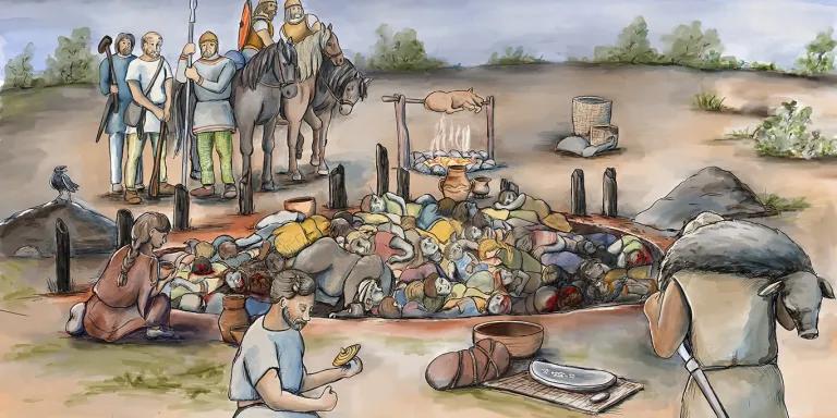 An artists impression of a burial showing a group of clothed bodies