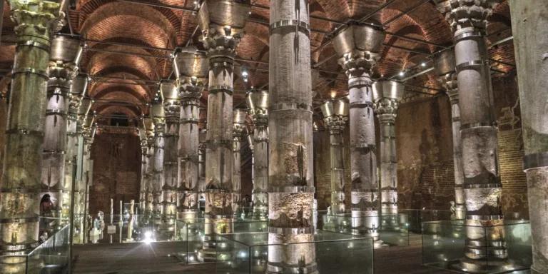 Image of interior of stone cistern showing a series of columns