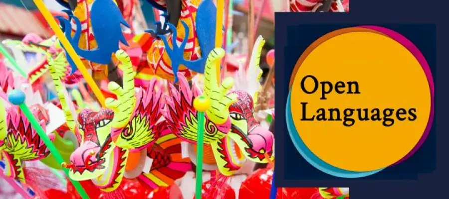 Stream of paper dragon puppets with Open Languages logo on top of image
